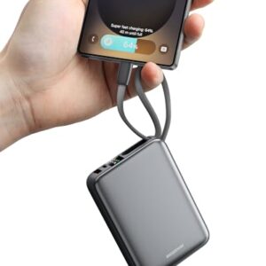 Eazpower Powerbank 45W Schnellladefunktion mit integriertem USB-C Kabel für externe Handyakku-Ladung von iPhone, Samsung und Xiaomi