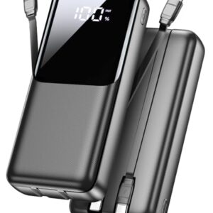 Powerbank mit 40000mAh Kapazität, USB-C Schnellladefunktion und drei Anschlüssen für das Ladegerät sowie zwei integrierte Kabeln, kompatibel mit iPhone und Android Geräten