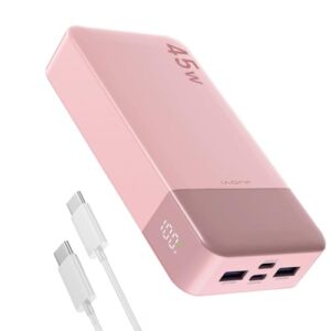 Tragbare Powerbank mit 45W Schnellladefunktion, rosa Farbe, LED-Anzeige und vier Ausgänge zum schnellen Aufladen von Smartphones, Laptops, Tablets und Notebooks.