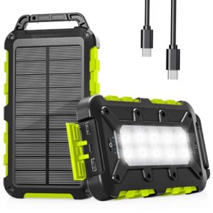 WOWMVP Solar Powerbank 10000mAh, PD15W Tragbare Solar Ladegerät USB C Externer Akku Outdoor Wasserdichtes mit LED-Licht und 3 Ausgängen für Smartphones Tablets Camping,Grün