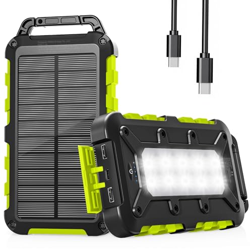 WOWMVP Solar Powerbank 10000mAh, PD15W Tragbare Solar Ladegerät USB C Externer Akku Outdoor Wasserdichtes mit LED-Licht und 3 Ausgängen für Smartphones Tablets Camping,Grün