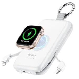 Weißer RORRY Power Bank mit 10000mAh Kapazität und PD 20W Schnellladefunktion, integriertes Kabel für iPhone und Apple Watch Ultra