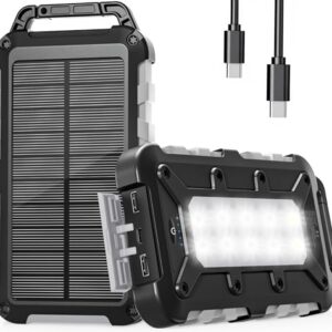 Bild eines tragbaren Solar Ladegeräts mit 10000mAh Kapazität, 22.5W Leistung und 3 USB-Ausgängen, ideal für Outdoor-Touren, Camping und Wandern, wasserdicht und widerstandsfähig