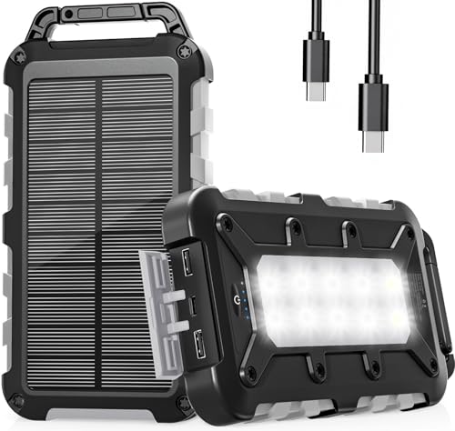 Bild eines tragbaren Solar Ladegeräts mit 10000mAh Kapazität, 22.5W Leistung und 3 USB-Ausgängen, ideal für Outdoor-Touren, Camping und Wandern, wasserdicht und widerstandsfähig