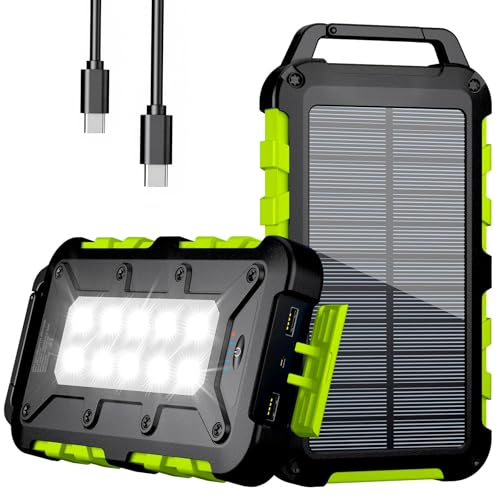 Solar Powerbank 10000mAh für Outdoor-Geräte, tragbares Solar-Ladegerät mit LED-Licht und drei Ausgängen für Smartphones und Tablets beim Camping
