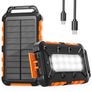 Solar Powerbank 10000mAh, 22.5W Tragbare Solar Ladegerät USB C Externer Akku Outdoor Wasserdichtes mit LED-Licht und 3 Ausgängen für Smartphones Tablets Camping, Dunkelorange
