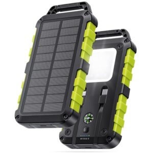 Solar Powerbank 10000mAh PD 22,5W Tragbares Solar Ladegerät Wasserdicht Externer Akku mit LED-Licht Kompass und 2 Kabeln für Tablets Smartphones Outdoor Camping Grün