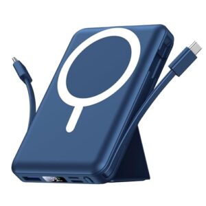 Powerbank für iPhone 10000 mAh mit Magsafe Verbindung und Ständer, blauer Akku mit LED-Anzeige und zwei Ladekabeln