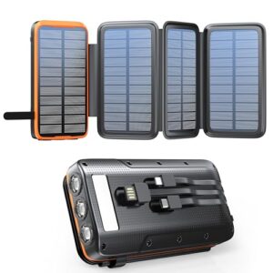 Tragbare Solar Powerbank mit 20000 mAh Kapazität und vier faltbaren Hochleistungs-Solarmodulen für effizientes Laden unterwegs