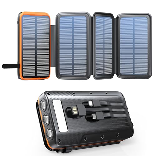 Tragbare Solar Powerbank mit 20000 mAh Kapazität und vier faltbaren Hochleistungs-Solarmodulen für effizientes Laden unterwegs