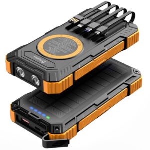 Solar Powerbank mit 20.000 mAh Kapazität und vier integrierten Ausgangskabeln für effizientes Laden von Smartphones, Tablets und anderen Geräten.
