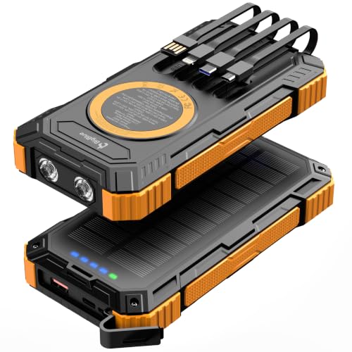 Solar Powerbank mit 20.000 mAh Kapazität und vier integrierten Ausgangskabeln für effizientes Laden von Smartphones, Tablets und anderen Geräten.