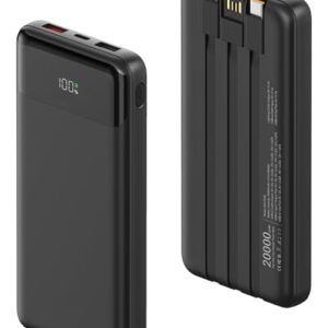 Power Bank 20000mAh, Powerbank mit 22.5W Schnellladung und integrierten 3 Kabeln für Smartphone und Tablets