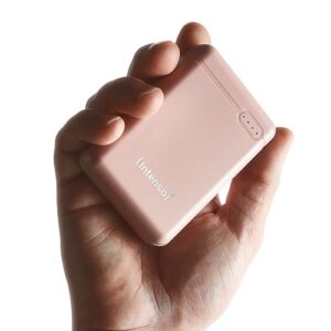 Kompakter externer Akku mit 10.000 mAh, USB-C, USB-A und microUSB-Anschlüssen für schnelles Laden von iPhone, Smartphone, Tablet und Kamera in Rosé