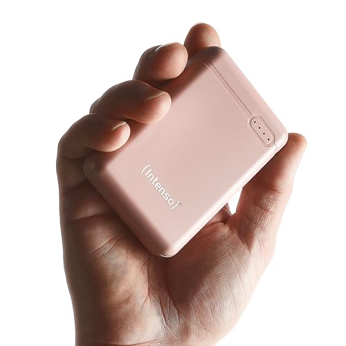 Kompakter externer Akku mit 10.000 mAh, USB-C, USB-A und microUSB-Anschlüssen für schnelles Laden von iPhone, Smartphone, Tablet und Kamera in Rosé