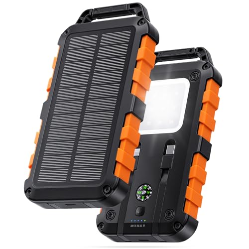 Solar Powerbank mit Solarpanel, USB-C PD 22.5W, integrierte Kabel für Ladung von Smartphones und anderen Geräten