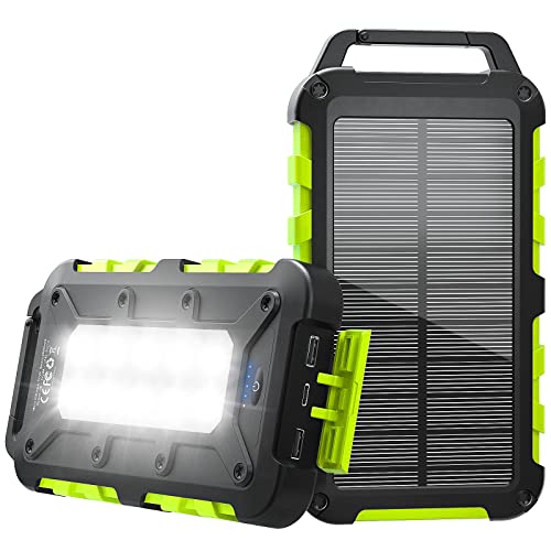 Solar Powerbank mit integriertem Solar-Nachladesystem, großes Akkumulator-Volumen und robustes Design für Outdoor-Aktivitäten wie Wandern oder Camping.