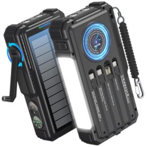 Solar-Ladegerät, Handkurbel, 4 Kabel, 20.000 mAh, kabelloses Laden, USB-C, Campinglaterne, Notbeleuchtung