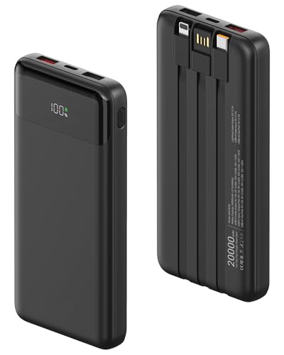 Schnelle Powerbank mit 22,5W Ladeleistung und integrierten 3 Kabeln für effizientes Laden von Smartphones
