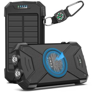 Solar Powerbank 10.000mAh, Schnelles Laden, Tragbarer USB C Powerbank mit Solarpanel, Camping Akku und Taschenlampe
